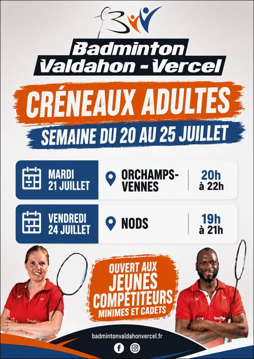 Créneaux adultes du 20 au 25 juillet