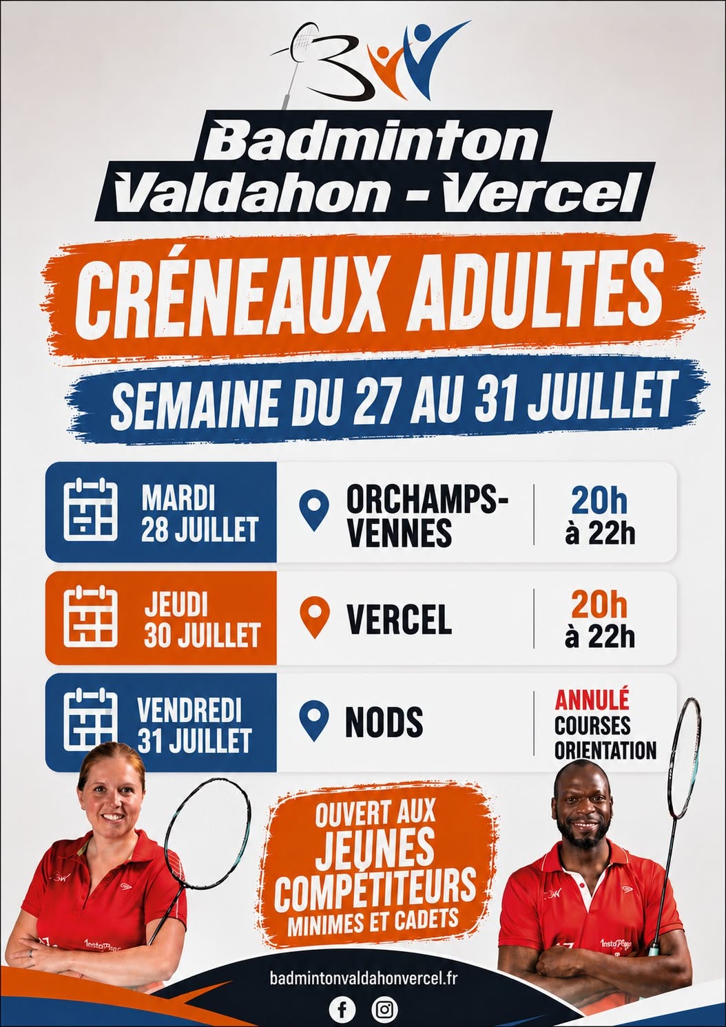 Créneaux adultes du 27 au 31 juillet