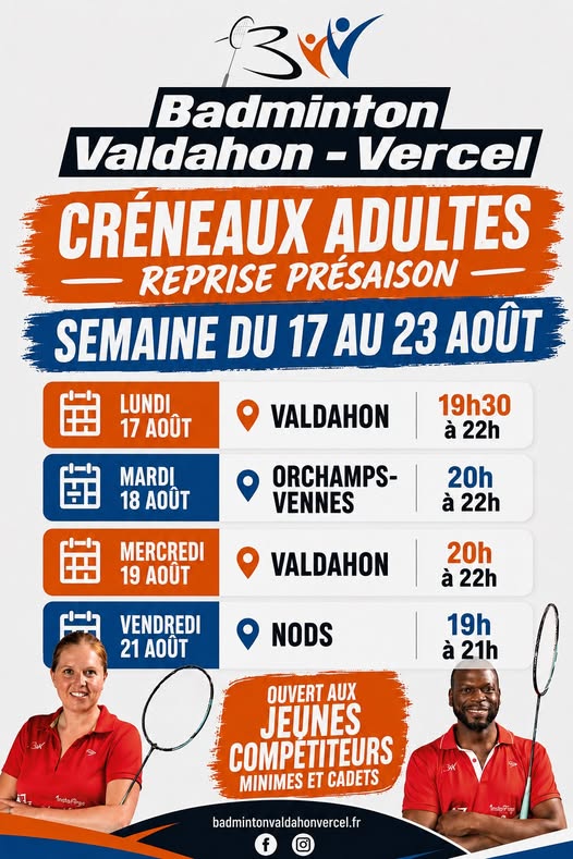 Créneaux adultes : reprise présaison du 17 au 23 août
